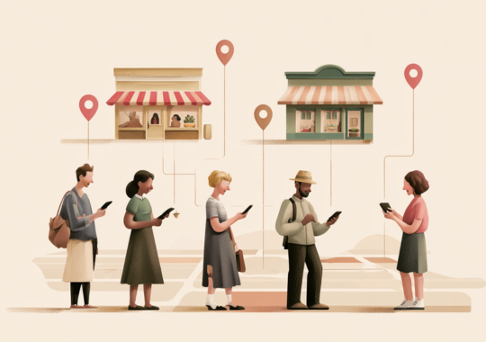 Ilustração representando pessoas descobrindo empresas locais no DiRU
